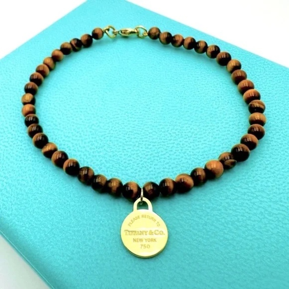 TIFFANY & CO. • Return to Tiffany™ 18K Yellow Gold Tag Tigers Eye Bead Bracelet - Picture 12 of 16